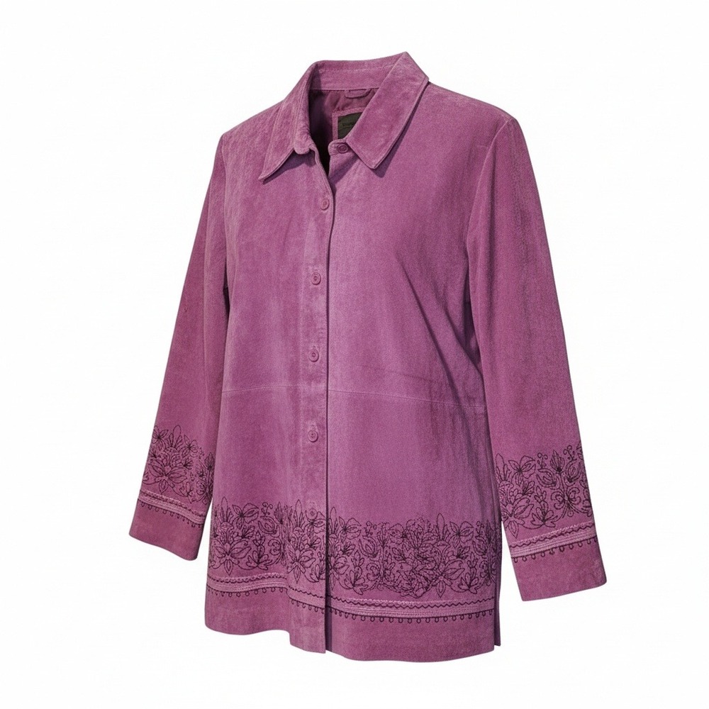 Brandon Thomas Womens L Purple Suede Leather Jacket Embroidered Floral Cuffs